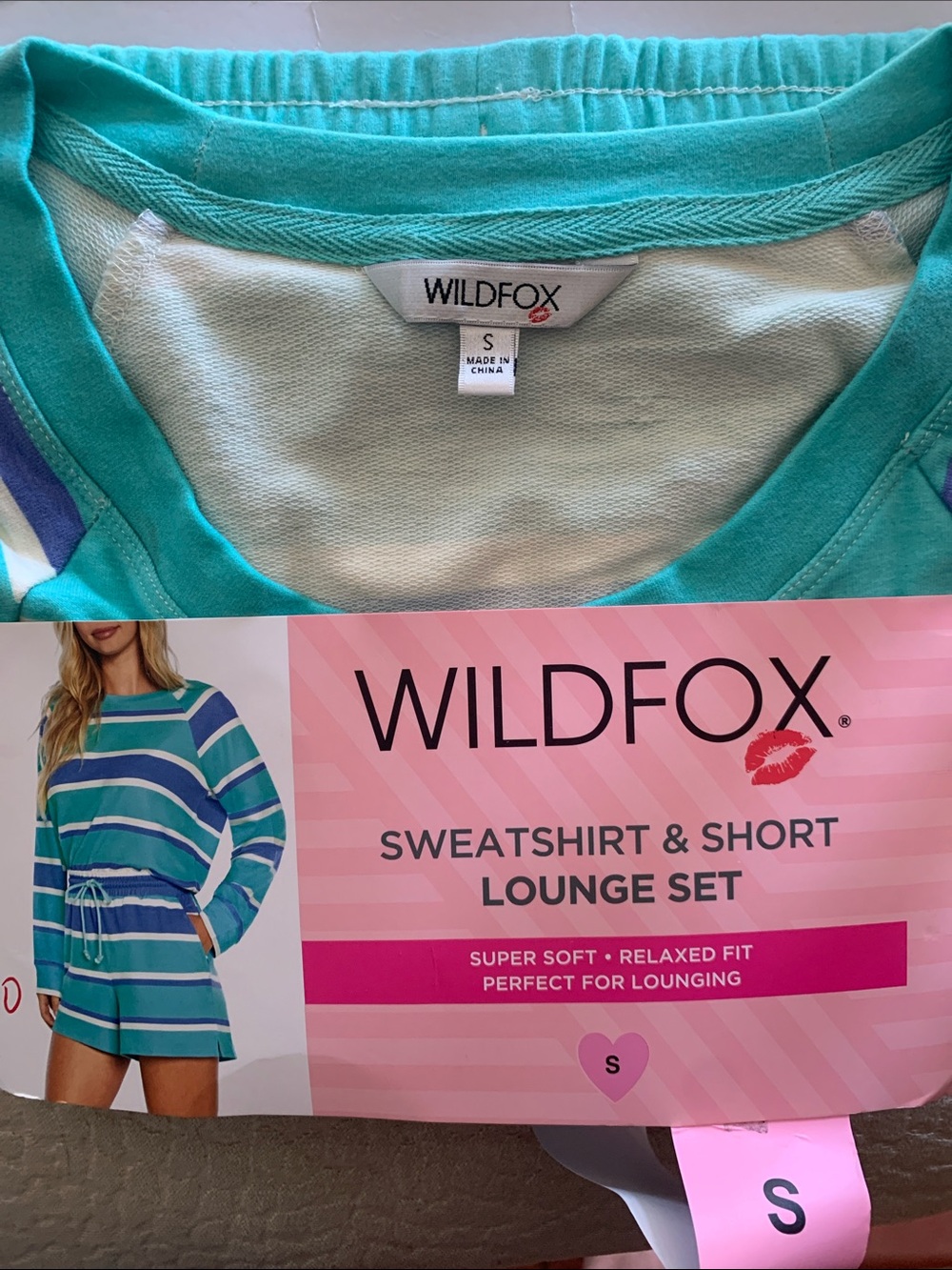 Wildfox Teal, Aqua & White Striped Sweatshirt & Shorts Lounge Set